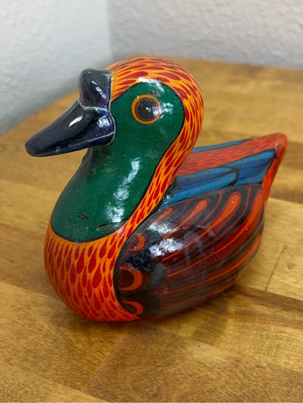 Signed M Palacios Mexico Folk Art Pottery Duck Bird Figurine Hand Painted